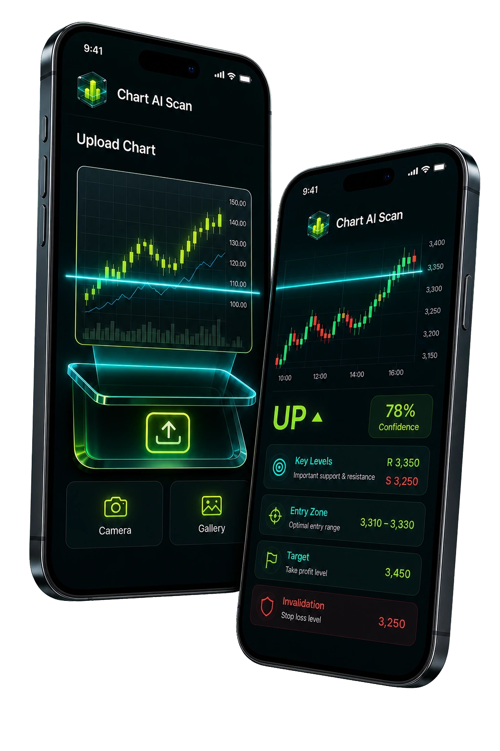 ChartAIScan upload and AI analysis screens on two phones